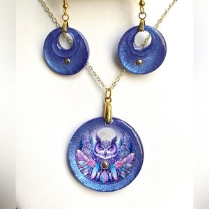 Handmade Resin Purple Owl Jewelry Set – Boho Spirit Animal Jewelry